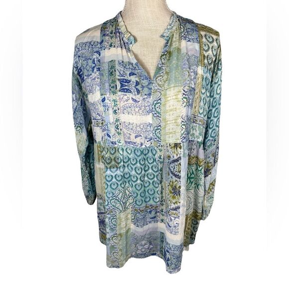 J. Jill Blue & Green Patchwork Print Split Neck 3/4 Sleeve Boho Tunic Top - Picture 2 of 6